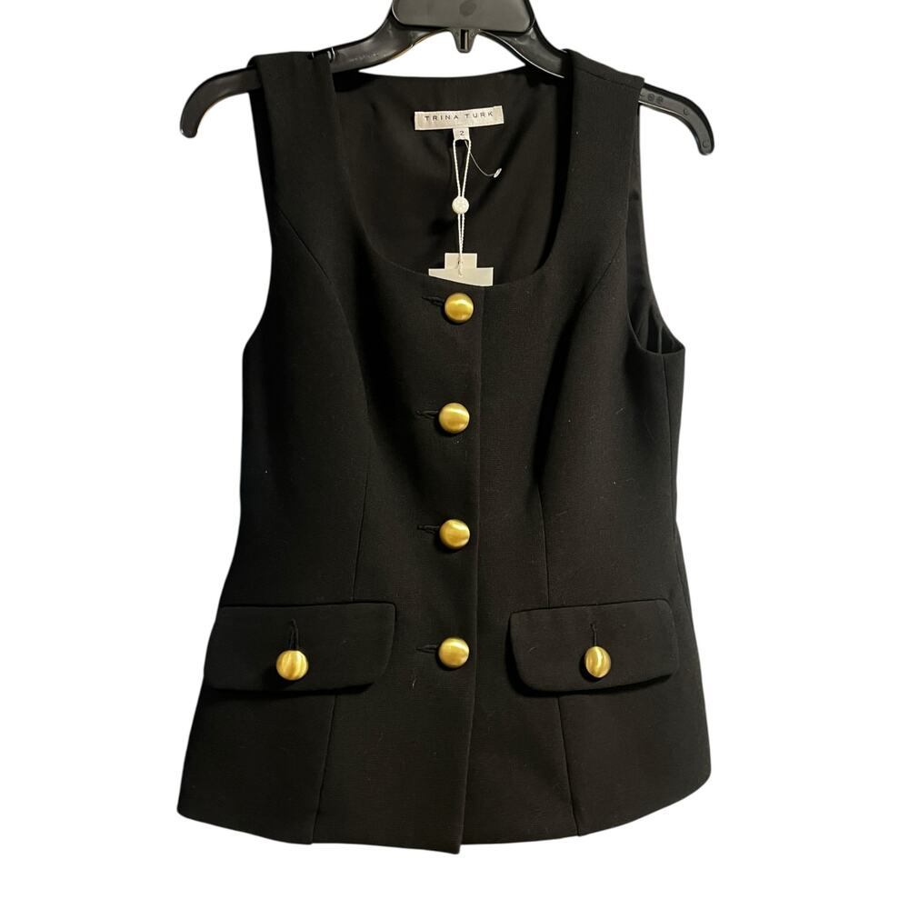 Trina Turk Juliette 2 Button-Front Tank Top Fitted Vest | Sz 2, Black Gold